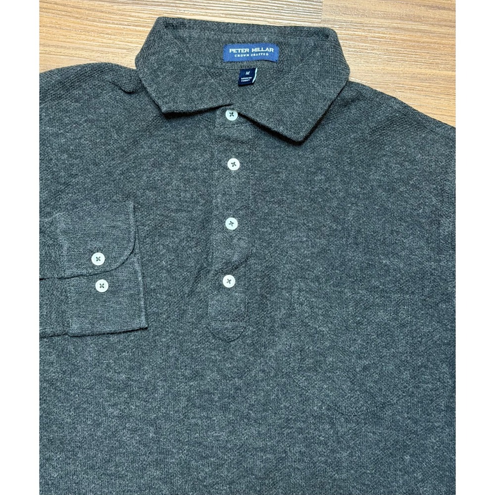 Peter Millar Crown Crafted Mens Ramble Gray Cotton Cashmere LS Polo Shirt Sz M